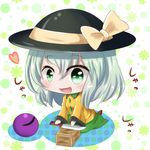  :d black_hat blush bow chibi commentary_request eyeball floral_background green_eyes green_skirt hair_between_eyes hat hat_bow heart kneeling knife komeiji_koishi long_sleeves open_mouth sharpening shinyafuru shirt silver_hair skirt smile solo third_eye touhou wide_sleeves yellow_bow yellow_shirt 