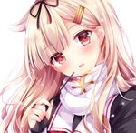  :d black_serafuku blonde_hair blush fingerless_gloves food gloves gradient_hair hair_between_eyes hair_flaps hair_ribbon head_tilt kantai_collection long_hair looking_at_viewer multicolored_hair nogi_takayoshi open_mouth pocky portrait red_hair remodel_(kantai_collection) ribbon sailor_collar scarf school_uniform serafuku smile solo white_scarf yuudachi_(kantai_collection) 