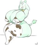  ? angstrom animal_humanoid anon bell_collar big_breasts blush bovine breasts cleavage clothed clothing collar cow_humanoid cowbell female green_body horn huge_breasts humanoid hyper hyper_breasts legwear long_ears mammal nipple_bulge open_mouth sitting skimpy smile solo stockings thick_thighs 
