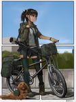  ankle_boots assault_rifle backpack bag belly_peek between_breasts bicycle blue_eyes blurry boots border breasts brown_hair contrapposto dachshund dog furukawa_herzer ground_vehicle gun hand_up highres holster jacket military original pouch rifle short_twintails shorts signature sling smile solo standing strap_cleavage thigh_holster thighhighs twintails watch weapon wristwatch 