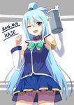  2016 aqua_(konosuba) blue_dress blue_eyes blue_hair dated detached_sleeves dress eyebrows eyebrows_visible_through_hair hair_between_eyes hair_ornament holding kaie kono_subarashii_sekai_ni_shukufuku_wo! long_hair looking_at_viewer one_eye_closed open_mouth see-through solo 