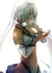  altera_(fate) artist_name bare_shoulders black_nails breasts closed_eyes commentary_request dark_skin detached_sleeves fate/extella fate/extra fate/grand_order fate_(series) from_side jewelry midriff nail_polish navel nina_(pastime) ring small_breasts solo veil white_background white_hair 