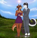  anthro canine clothed clothing dafka duo female fur hair male mammal outside smile standing 