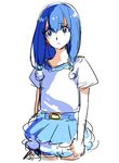  bangs belt blue_eyes blue_hair blue_skirt brionne cowboy_shot eyebrows_visible_through_hair gen_7_pokemon hair_between_eyes hair_ornament kz_609 long_hair miniskirt multicolored multicolored_eyes pink_eyes pokemon pokemon_(creature) pokemon_(game) pokemon_sm shirt short_sleeves simple_background skirt solo standing white_background white_shirt 