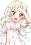  absurdres aikatsu! aikatsu!_(series) blush dress fang green_eyes hand_on_own_forehead highres long_hair looking_at_viewer open_mouth sekina simple_background solo toudou_yurika wavy_mouth white_background white_dress white_hair 