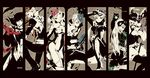  4girls ;) adjusting_clothes adjusting_gloves amamiya_ren armor ass belt between_legs black_border bodysuit border breasts candy cat cherry_blossoms cleavage cleavage_cutout closed_mouth column_lineup cross-laced_clothes cup drinking feathers food fox_mask full-length_zipper gloves grey_background grin hair_ornament hair_over_one_eye hairclip half-closed_eyes hat hat_feather high_heels highres holding kitagawa_yuusuke light_smile lollipop long_hair mask mask_on_head md5_mismatch medium_breasts megajet monochrome morgana_(persona_5) multiple_boys multiple_girls niijima_makoto okumura_haru one_eye_closed over_shoulder persona persona_5 profile revision sakamoto_ryuuji sakura_futaba scarf short_hair simple_background sitting smile spikes spot_color standing sword takamaki_anne teacup twintails very_long_hair wavy_hair weapon zipper 