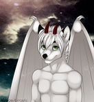 almos-tiroshi anthro canine dragon fur hair horn hybrid looking_at_viewer male mammal nude smile solo wings 