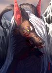  blood brown_fur curved_horn day detailed_background feral fur hair hauringu horn outside ridged_horn solo teeth tongue white_hair yellow_eyes 