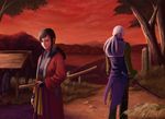  1girl back-to-back bakumatsu_rouman bakumatsu_rouman_dainimaku black_hair ebi_furai_(erhu112) facing_away holding holding_weapon japanese_clothes katana looking_at_viewer orange_sky scenery setsuna_(bakumatsu_rouman) sheath sheathed sidelocks silver_hair sky snk sword takane_hibiki tree twintails unsheathed weapon 