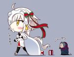  1girl ahoge bell black_gloves black_hair black_legwear blonde_hair blush bow box capelet caster_(fate/zero) chibi commentary_request elbow_gloves fate/grand_order fate_(series) fur_trim gift gift_box gloves hair_ribbon headpiece helmet highres jeanne_d'arc_(fate)_(all) jeanne_d'arc_alter_santa_lily long_hair ribbon sack shachoo. striped striped_bow translated yellow_eyes younger 