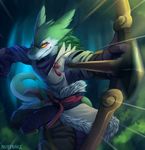  2016 anthro arrow bow_(weapon) bushes clothed clothing digital_media_(artwork) forest front_view fur green_fur green_sclera green_tail holding_object holding_weapon looking_at_viewer male mrllamashark multicolored_fur nurinaki orange_eyes ranged_weapon red_fur sergal signature solo tree two_tone_tail weapon white_fur white_tail 