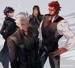  alternate_costume archer beard black_hair business_suit cigar cigarette dark_skin dark_skinned_male emiya_kiritsugu facial_hair fate/extella fate/extra fate/stay_night fate/zero fate_(series) formal glasses labcoat long_hair long_sleeves looking_at_viewer lord_el-melloi_ii male_focus manly multiple_boys necktie red_eyes red_hair rider_(fate/zero) simple_background smoke suit waver_velvet weed_(astarone) white_hair 