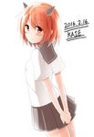  2016 arms_behind_back black_skirt dated eyebrows eyebrows_visible_through_hair hands_together highres horns kaie looking_at_viewer looking_back orange_eyes orange_hair original pleated_skirt shirt short_hair simple_background skirt solo white_background white_shirt 