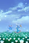  animal_ears azumarill blue_dress blue_hair blue_sky bunny_ears cloud cloudy_sky crescent crescent_print day dress field flower flower_field frilled_dress frilled_sleeves frills gen_2_pokemon hand_on_hip jumping kine light_particles moon nin_(female) pokemon pokemon_(creature) puffy_short_sleeves puffy_sleeves red_eyes seiran_(touhou) short_sleeves sky star star_print touhou white_flower white_skin 