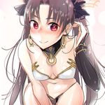  asymmetrical_clothes bare_shoulders black_hair blush breasts chromatic_aberration cleavage detached_sleeves earrings fate/grand_order fate_(series) ishtar_(fate/grand_order) jewelry long_hair looking_at_viewer medium_breasts navel rangsiwut_sangwatsharakul red_eyes simple_background smile solo white_background 