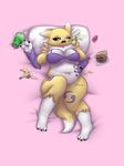  2016 anthro armpits big_breasts blue_eyes bra brantonisme breasts burping canine clothing digimon female food fox fur looking_at_viewer mammal overweight renamon simple_background slightly_chubby solo underwear white_fur yellow_fur 