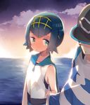  1boy 1girl blue_hair blush child clouds hat male_protagonist_(pokemon_sm) pokemon pokemon_(game) pokemon_sm sea striped_shirt suiren_(pokemon) sunset swimsuit 