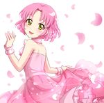  aikatsu! aikatsu!_(series) bare_shoulders blush dress green_eyes highres kitaouji_sakura looking_at_viewer looking_back pink_dress pink_hair sekina short_hair simple_background smile solo white_background 