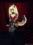  almos-tiroshi anthro canine clothed clothing collar female lingerie looking_at_viewer mammal pussy riding_crop smile solo whip 