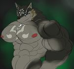  2016 abs anthro biceps big_biceps black_nose blue_eyes canine cheek_tuft colored digital_drawing_(artwork) digital_media_(artwork) dischimera ear_piercing flat_colors fur green_background green_fur hyper hyper_muscles link_(wolf_form) looking_at_viewer male mammal manly muscular muscular_male navel nintendo nude pecs piercing serratus simple_background snout solo standing the_legend_of_zelda triceps tuft video_games wolf 