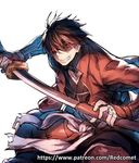  armor artist_name black_hair drifters grin holding holding_sword holding_weapon light_trail looking_at_viewer male_focus open_mouth patreon_username redcomet sheath shimazu_toyohisa smile solo sword unsheathing watermark weapon web_address 