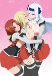  3girls angel_(fairy_tail) ass_grab bible_black blonde_hair blush breasts breasts_outside cosplay fairy_tail flare_corona girl_sandwich large_breasts long_hair lucy_heartfilia multiple_girls nipples open_mouth red_hair school_uniform serafuku silver_hair suspenders symmetrical_docking thighhighs yuri 