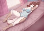  anthro bed canine clothing dafka female inside lingerie looking_at_viewer lying mammal on_back one_eye_closed pillow smile solo 