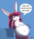  2016 anthro belly big_belly dialogue digital_media_(artwork) english_text female fur hair lagomorph mammal navel nipples pink_fur pink_hair rabbit simple_background smile solo text vore waismuth white_fur 