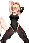  armor armpits arms_behind_back arms_up black_leotard black_pants blonde_hair blush bob_cut breasts breath brown_eyes cameltoe collar collarbone commentary_request covered_navel djeeta_(granblue_fantasy) elbow_gloves eyebrows_visible_through_hair gloves granblue_fantasy greaves gunslinger_(granblue_fantasy) hairband hips leotard looking_at_viewer medium_breasts out_of_frame pants short_hair simple_background single_sleeve smile solo_focus squatting thighs ulrich_(tagaragakuin) white_background 