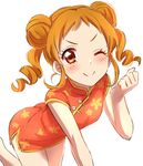  absurdres aikatsu! aikatsu!_(series) arisugawa_otome ass blush brown_eyes brown_hair china_dress chinese_clothes dress drill_hair highres looking_at_viewer one_eye_closed sekina simple_background smile solo white_background 