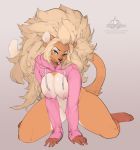  anthro breasts clothing feline female l2edpanda lion looking_at_viewer mammal mane mane_hair maned_lioness meme nipple_piercing nipples piercing smile solo sweater thick_thighs tongue tongue_out twitter_hoodie 
