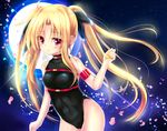  bardiche blonde_hair breasts cameltoe covered_navel covered_nipples fate_testarossa full_moon leotard long_hair lyrical_nanoha mahou_shoujo_lyrical_nanoha moon red_eyes ribbon shaian small_breasts smile solo star_(sky) very_long_hair 