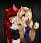  almos-tiroshi anthro canine clothed clothing duo feline female fur hair looking_at_viewer mammal navel smile 