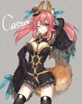  ;3 ;d animal_ears bare_shoulders black_legwear blush bow breasts character_name chocoan cleavage detached_sleeves fang fate/extra fate/extra_ccc fate_(series) flower_ornament fox_ears fox_tail hair_bow hair_ribbon hand_in_hair hand_on_hip hat highres large_breasts long_hair mini_hat mini_top_hat one_eye_closed open_mouth pink_hair revision ribbon smile solo tail tamamo_(fate)_(all) tamamo_no_mae_(fate) thighhighs top_hat twintails yellow_eyes 
