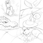  ! alligator ambiguous_gender anthro azathura belly big_belly comic crocodilian hair hunter male mammal monochrome reptile scales scalie sound_effects teeth 