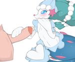  2016 ambiguous_gender blue_eyes blue_hair blue_mouth blue_skin blush cum drooling ejaculation feral flat_chested fluffbug glans green_hair hair human humanoid_penis interspecies male mammal midriff musical_note navel nintendo nude penis pok&eacute;mon pok&eacute;philia primarina saliva simple_background smile uncut video_games white_background white_skin 