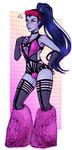  adapted_costume armpits bare_shoulders blue_hair blush boots breasts cleavage closed_mouth expressionless eyewear_on_head fishnet_gloves fishnets full_body fur_boots gloves hair_pulled_back hand_on_hip hand_on_own_chest iahfy long_hair medium_breasts overwatch ponytail purple_lips purple_skin raver red-framed_eyewear revealing_clothes shutter_shades sketch solo squiggle standing widowmaker_(overwatch) 