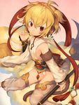  ahoge andira_(granblue_fantasy) animal_ears arm_at_side bare_shoulders barefoot blonde_hair breasts cloud detached_sleeves erune from_above granblue_fantasy hair_between_eyes hairband highleg highleg_leotard ju-zika leotard looking_at_viewer monkey_ears monkey_tail red_eyes see-through short_hair sideboob sitting small_breasts solo staff tail thighs two_side_up wariza white_legwear white_leotard 