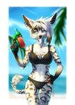  2016 5_fingers anthro black_lips blue_eyes breasts clothed clothing day ear_piercing female grey_nose hair hauringu holding_object mammal midriff navel outside piercing red_eyes smile solo standing teeth tognue tongue water_gun white_hair white_tongue wide_hips 