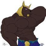 2016 abs anthro anubian_jackal armor belt biceps big_biceps blue_clothing canine clothed clothing colored demigod digital_drawing_(artwork) digital_media_(artwork) dischimera half-length_portrait helmet hyper hyper_muscles jackal league_of_legends light male mammal manly muscular muscular_male nasus_(lol) nipples pecs pink_eyes portrait serratus shaded signature simple_background skirt snout solo standing topless triceps video_games white_background yellow_clothing 