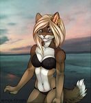  almos-tiroshi anthro beach bikini clothing feline female fur hair looking_at_viewer mammal outside seaside smile solo standing swimsuit 