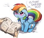  2016 blue_feathers blue_fur blush book buttersprinkle cutie_mark disembodied_hand english_text equine feathered_wings feathers female feral friendship_is_magic fur hair looking_at_viewer mammal multicolored_hair my_little_pony pegasus purple_eyes rainbow_dash_(mlp) simple_background solo text white_background wings 