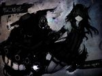  abstract_background assi black_hair boots character_name commentary_request dark faux_traditional_media gauntlets glowing_gun_barrel horns kantai_collection light_cruiser_hime long_hair mask rigging shinkaisei-kan sketch solo teeth texture turret twitter_username 