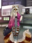  almos-tiroshi anthro canine clothed clothing duo feline female fox fur hair mammal money outside smile standing 