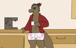  2016 anthro beverage blue_hair brown_skin bulge clothed clothing coffee dragon hair male scalie shirt solo taxi_(artist) underwear 