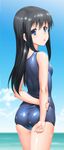  :o alternate_costume arm_grab arms_behind_back asashio_(kantai_collection) ass bare_arms bare_shoulders black_hair blue_eyes blue_swimsuit blurry breasts byeontae_jagga cloud commentary_request cowboy_shot day depth_of_field from_behind hair_between_eyes highres kantai_collection long_hair looking_at_viewer ocean one-piece_swimsuit open_mouth school_swimsuit shiny shiny_clothes sidelocks skindentation sky small_breasts solo swimsuit thighs 