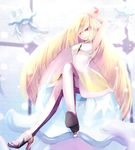  armpits black_legwear blonde_hair dolce_(dolsuke) dress gen_7_pokemon green_eyes hair_over_one_eye high_heels lusamine_(pokemon) nihilego poke_ball pokemon pokemon_(game) pokemon_sm sitting ultra_beast white_legwear 