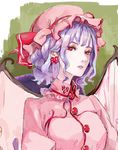  bat_wings brooch earrings ef_(ppps33) eyelashes faux_traditional_media gem green_background hat hat_ribbon heart heart_earrings high_collar jewelry lavender_hair lips looking_at_viewer mob_cap older parted_lips red_eyes remilia_scarlet ribbon short_hair sketch solo touhou upper_body wings 