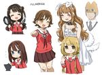  5girls :d :t ;d ^_^ animal_ears animal_hat azumanga_daiou black_hair blonde_hair blue_eyes blush brown_eyes brown_hair cat_hat chiyo_chichi chiyo_chichi_(cosplay) closed_eyes collar cosplay dog_ears dog_tail dress eating fake_animal_ears flying_sweatdrops frying_pan futaba_anzu hairband half_updo hat height_difference highres honda_mio idolmaster idolmaster_cinderella_girls kamineko kasuga_ayumu kasuga_ayumu_(cosplay) kitchen_knife knife long_hair mihama_chiyo mihama_chiyo_(cosplay) moroboshi_kirari multiple_girls new_generations one_eye_closed one_side_up open_mouth orange_hair parody producer_(idolmaster_cinderella_girls_anime) sakaki sakaki_(cosplay) school_uniform shibuya_rin shimamura_uzuki smile spawnfoxy tadakichi-san tadakichi-san_(cosplay) tail tail_wagging takino_tomo takino_tomo_(cosplay) very_long_hair white_background white_dress 