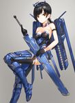  armor armpits bangs black_gloves black_hair black_legwear breasts brown_eyes cleavage closed_mouth crown expressionless gloves grey_background holding holding_sword holding_weapon jetpack kfr knee_up looking_at_viewer low_twintails mecha_musume mechanical_halo medium_breasts original science_fiction solo sword thighhighs thighs twintails weapon 
